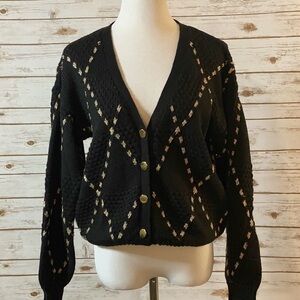 Vintage Chinawear black/gold geometric 1990s V-neck cardigan sweater Size Large